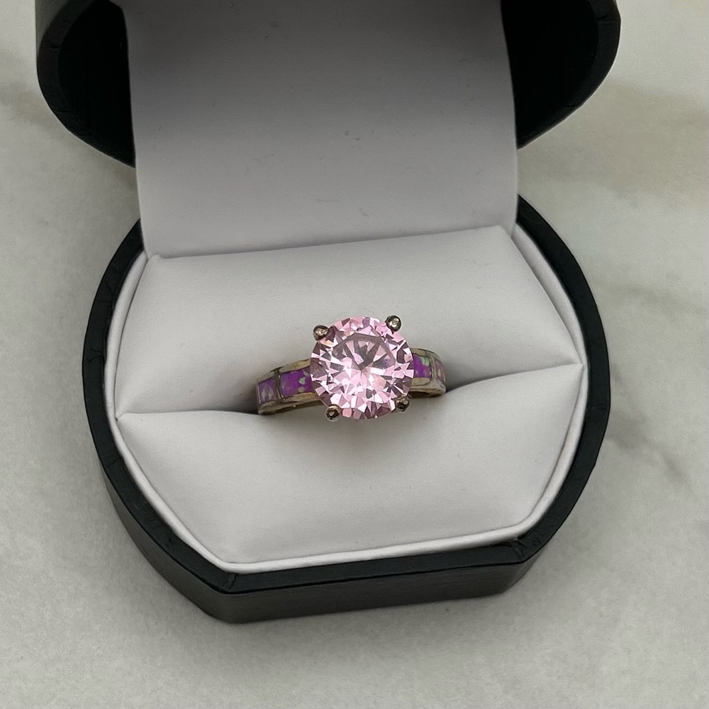 Sterling Silver Gold Wash Ring with Pink CZ and Opal size 6.75
